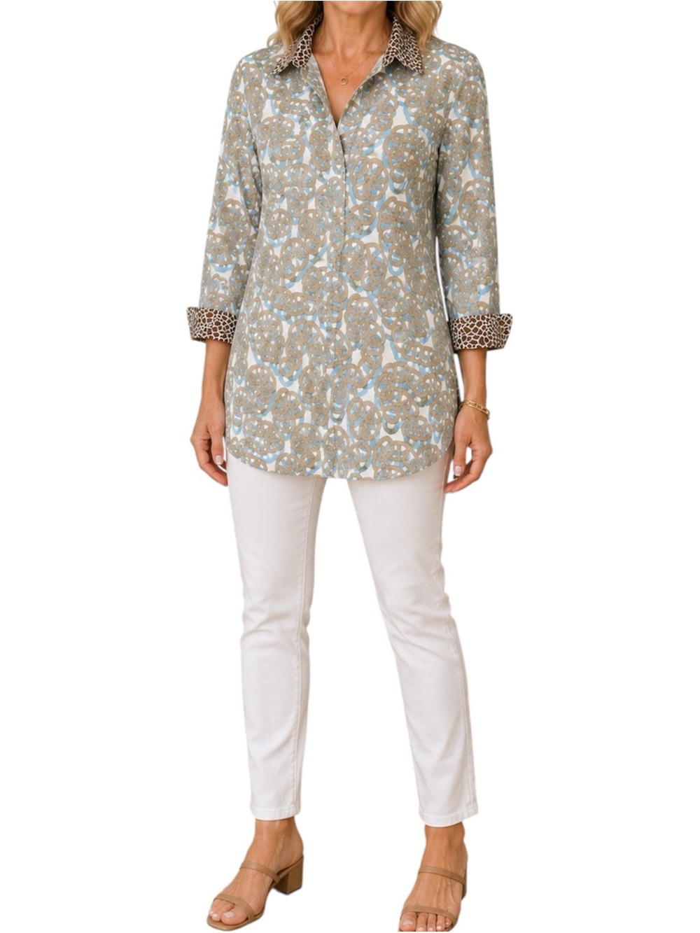 Tizzie Tunic Top Large Blue Brown Geometric Animal Print Cotton 3/4 Sleeve